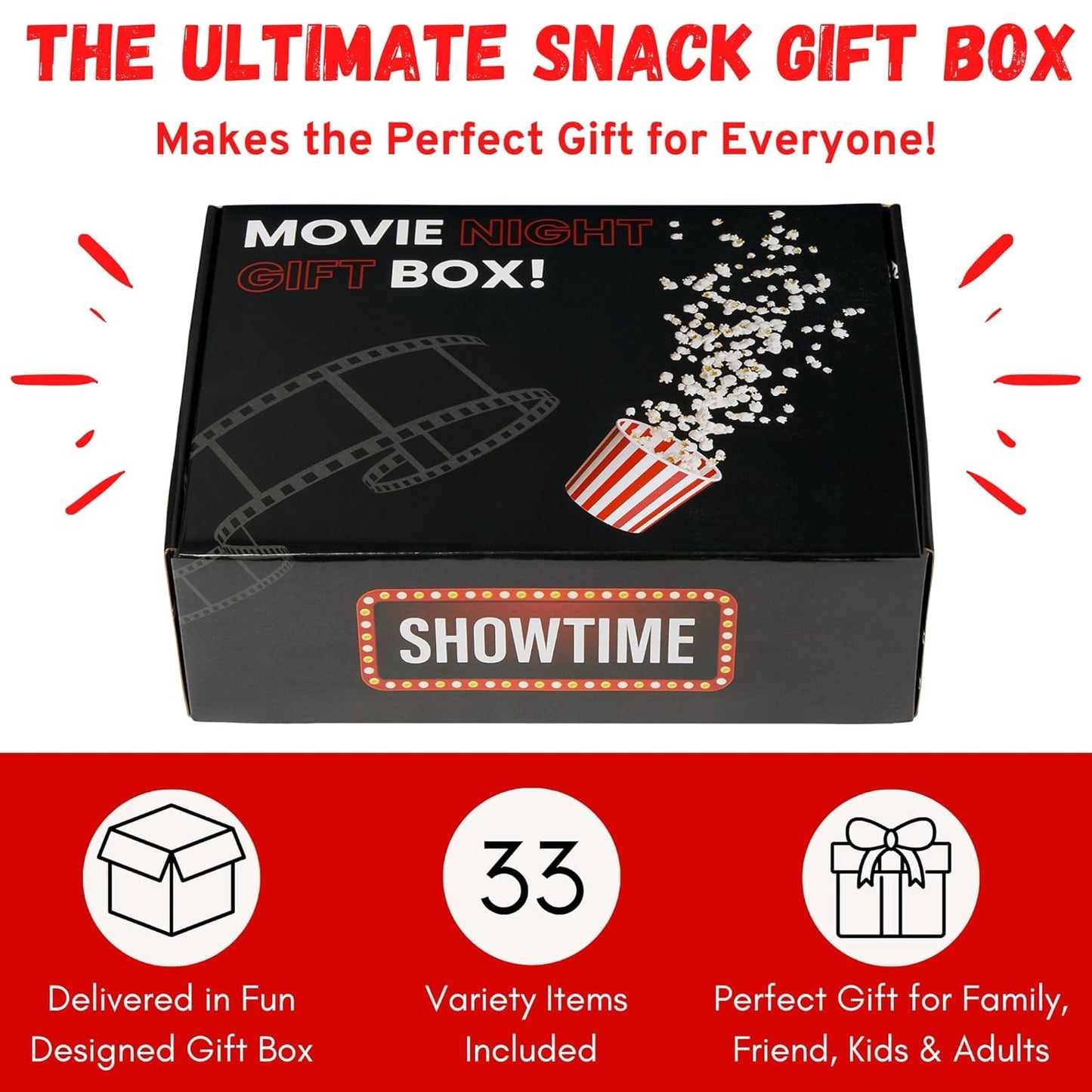 Movie Night Gift Basket – 33-Piece Gift Box with Popcorn, Candy, Snacks & Bingo – Birthdays, Date Night, Family, Kids, Adults, Mom, Dad, Teens, Christmas, Mothers Day, Fathers Day, Raffle & Fundraiser