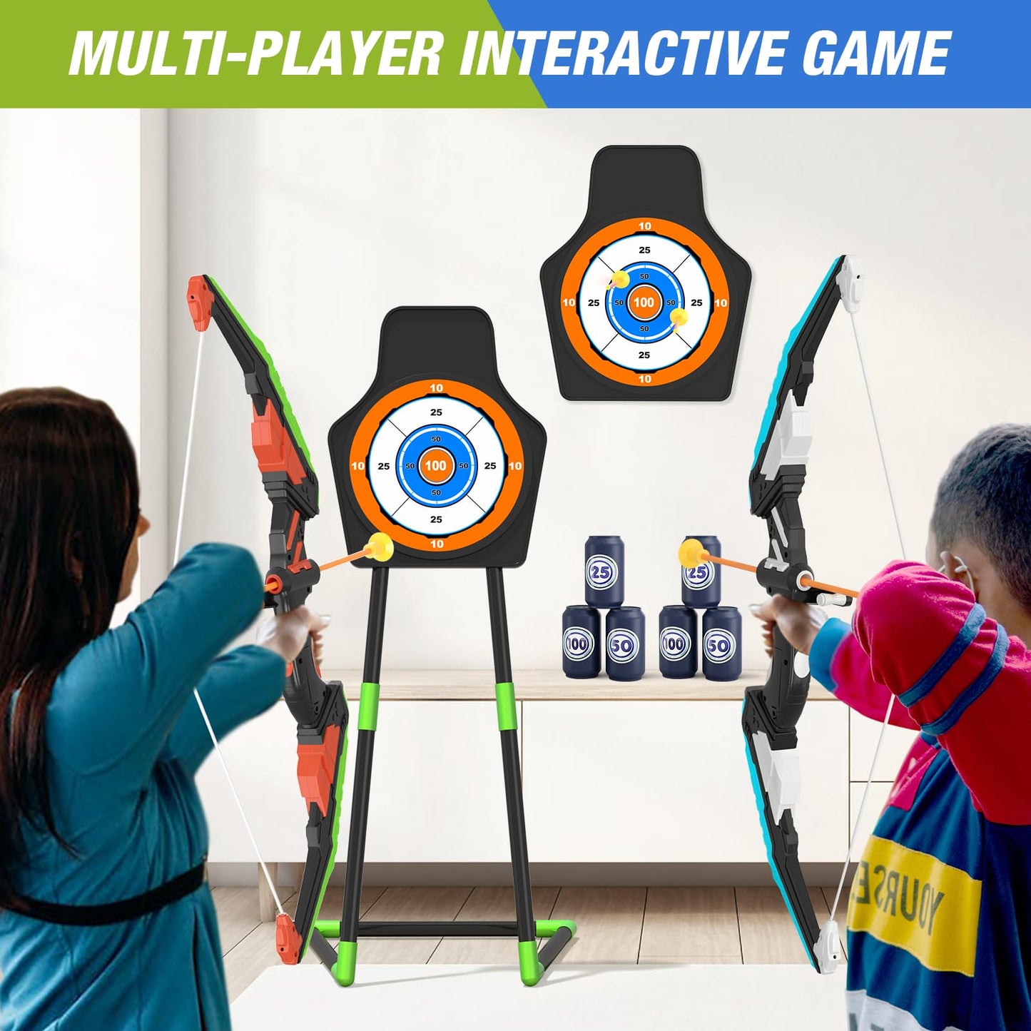 HYES 2 Pack Bow and Arrow for Kids, LED Light Up Archery Set with 24 Suction Cup Arrows, 1 Standing Target, 6 Score Targets & 2 Quiver, Indoor Outdoor Sport Gifts for Boys Girls Ages 4-8