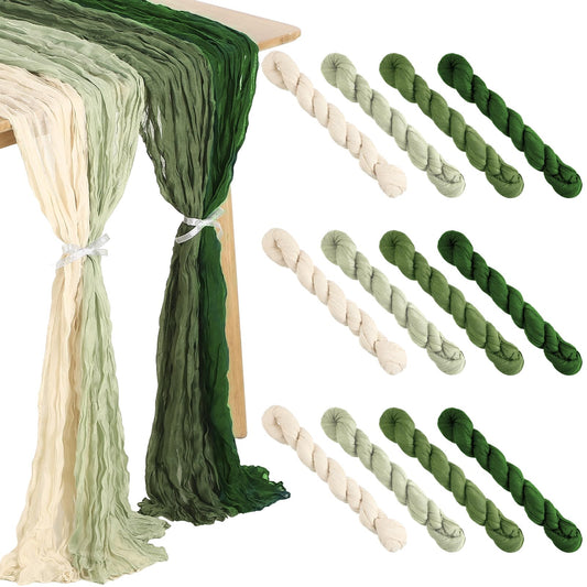 Remagr 12 Pcs Cheesecloth Gauze Table Runners Boho Wedding Decor Rustic Sheer Runner for Wedding Table Bridal Shower Birthday Party Decorations(Gradient Green,12 Pcs)
