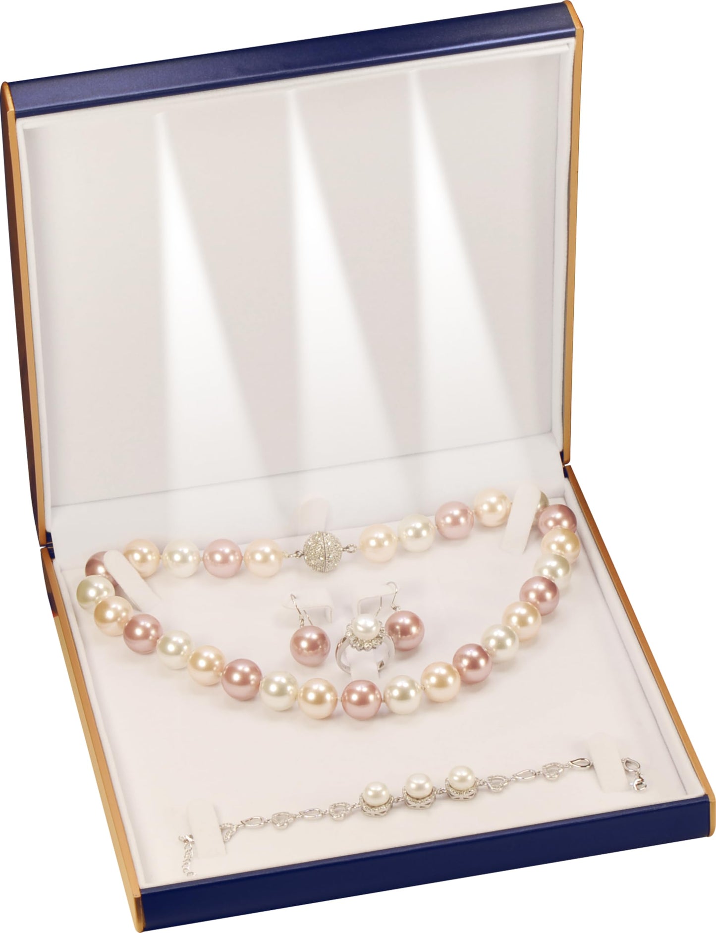 LED Blue Extra Large Necklace Pendant Earrings Ring Bracelet Box Luxury PU Leather Dome Top Designed with Gold Color Painted on the Sides Big Jewelry Sets Gift Holder Box with Light for Men for Women(Blue)