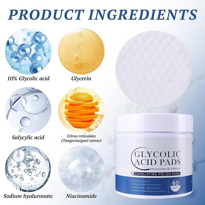 Glycolic Acid Pad, Exfoliating Pads Exfoliating Toner Pads Face Exfoliator Deep Cleaning Effect for Troubled & Breakout-Prone Skin 60 Count