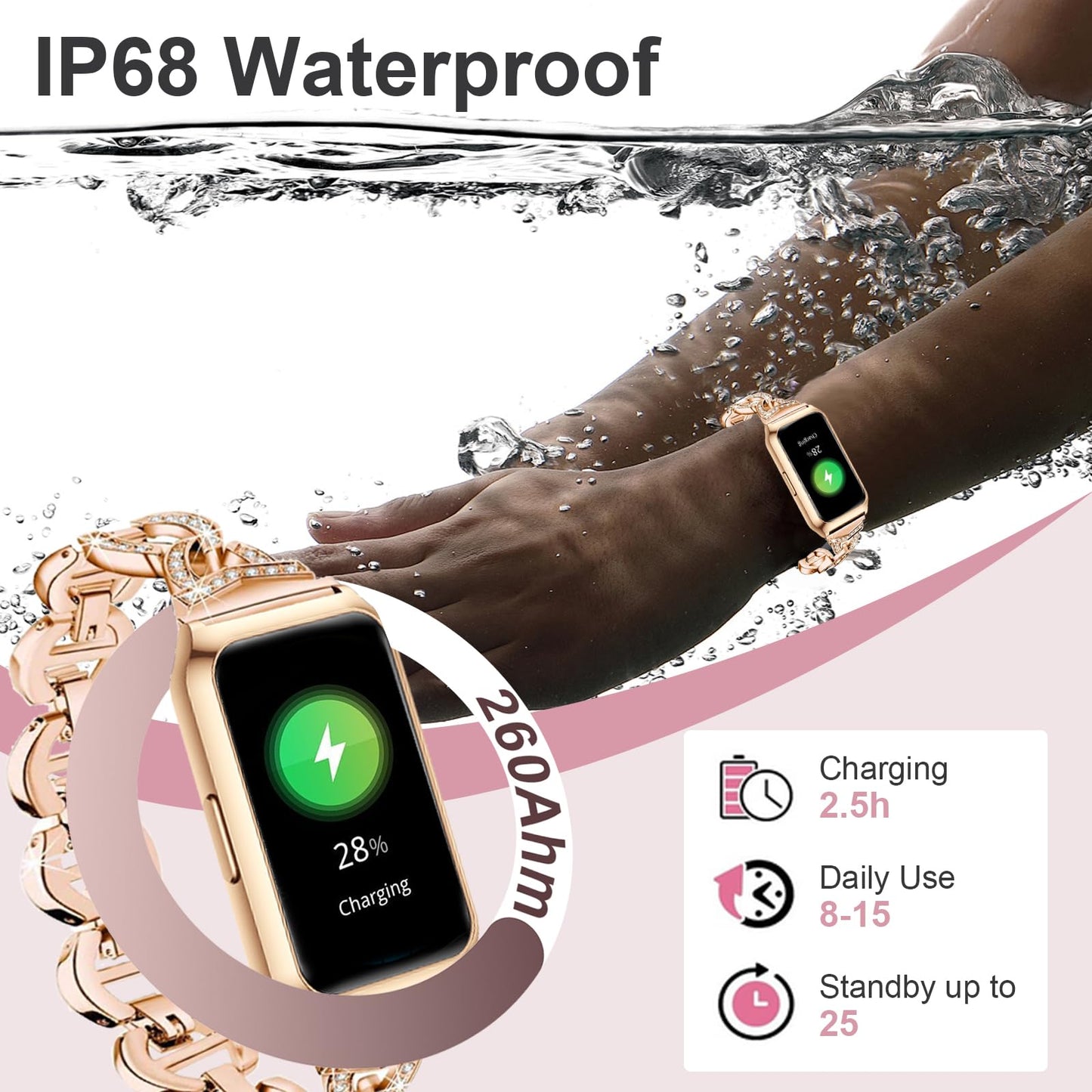 GADIXY Fitness Tracker,Smart Watch 7 Day+ Battery with 24/7 Heart Rate/Step/Calories,Activity Tracker,Aluminium Case,Blood Oxygen Sleep Monitor,IP68 Fitness Watches for Women Android&iOS Gold+Pink