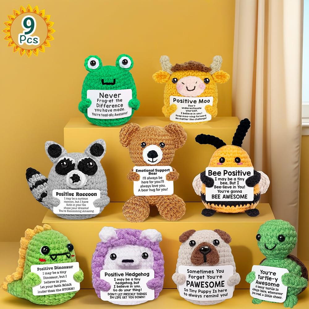 Positive Crochet Animals Bulk, Emotional Support Crochet Animals, Mini Inspirational Gift for Women Friends Coworkers Students Employee Christmas Stocking Stuffers Cute Crocheted Doll Cheer Up Gift