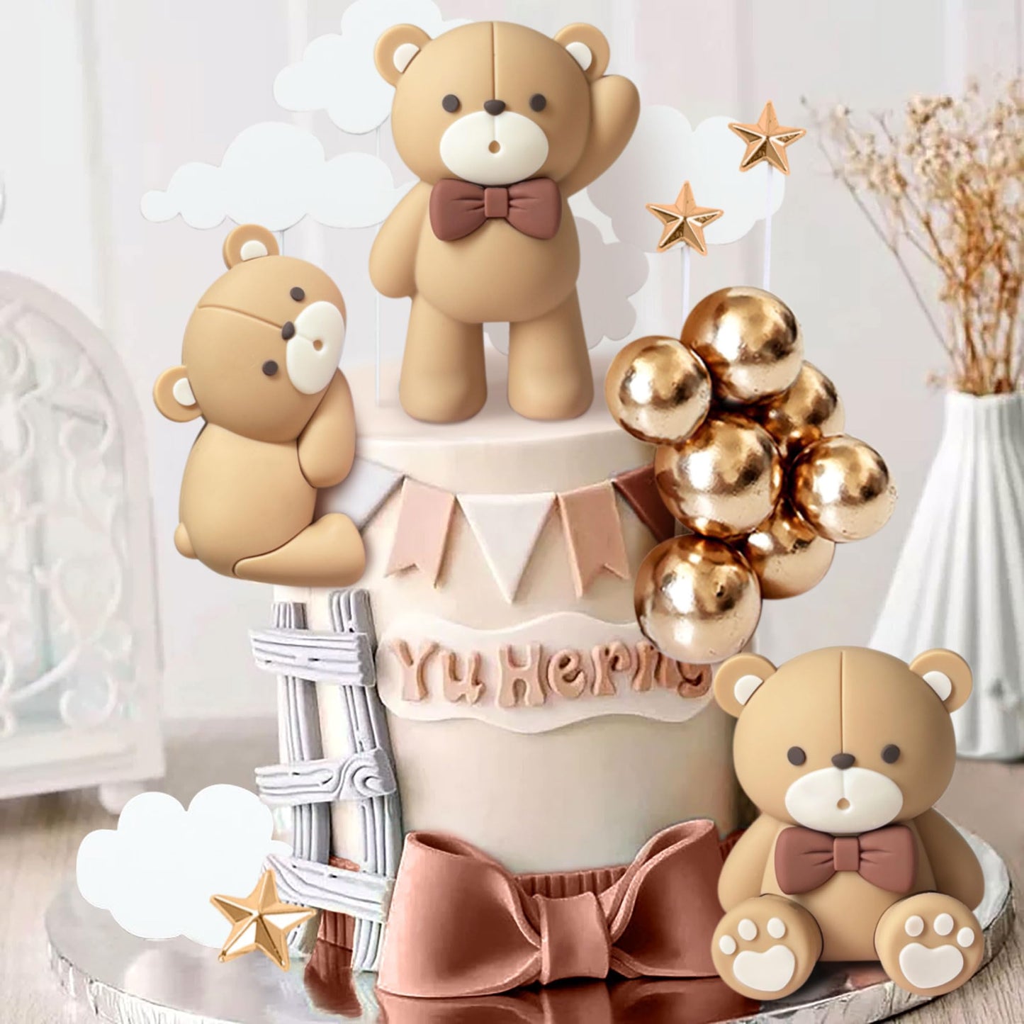 JeVenis Luxury Beige Brown Bear Cake Decoration Beige Brown Balls Cake Topper Boho Bears Cake Cake Decoration Baby Shower Birthday Cake Decoration