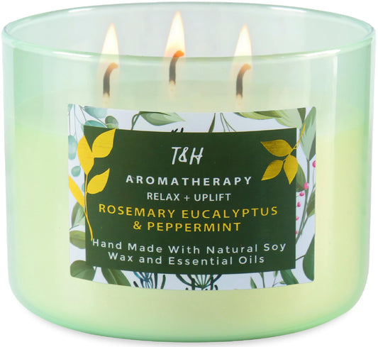 Rosemary Eucalyptus Peppermint Candle | Highly Scented Large 3 Wick Soy Candle 15.8 oz | Uplifting Eucalyptus Mint Scented Candles for Home | Aromatherapy Stress Relief Spa Candles for Men & Women