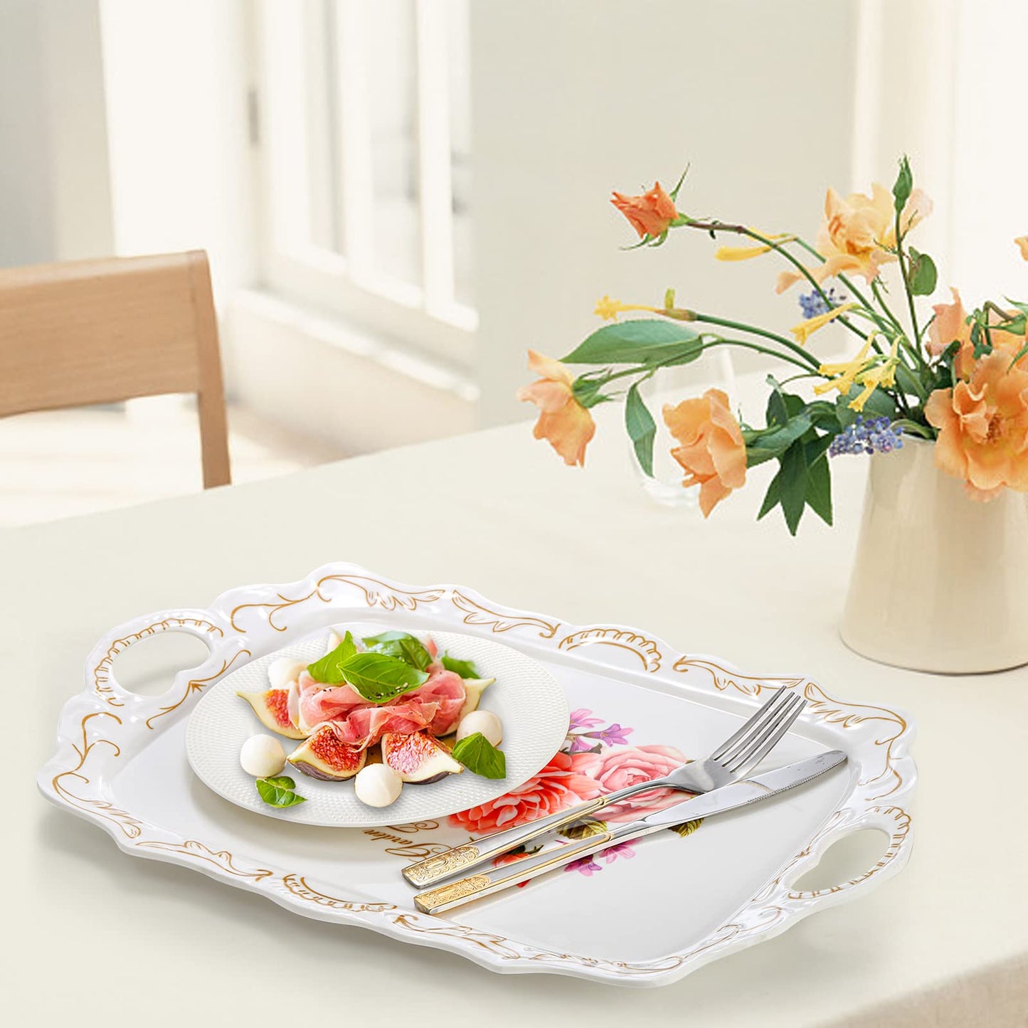 Nicunom 3 Pack Serving Trays with Handles, 16" L x 11" W Rectangular Trays for Eating, Melamine Serving Platters for Party, Floral Tray for Serving Food, Cookies, Desserts, Great Gift