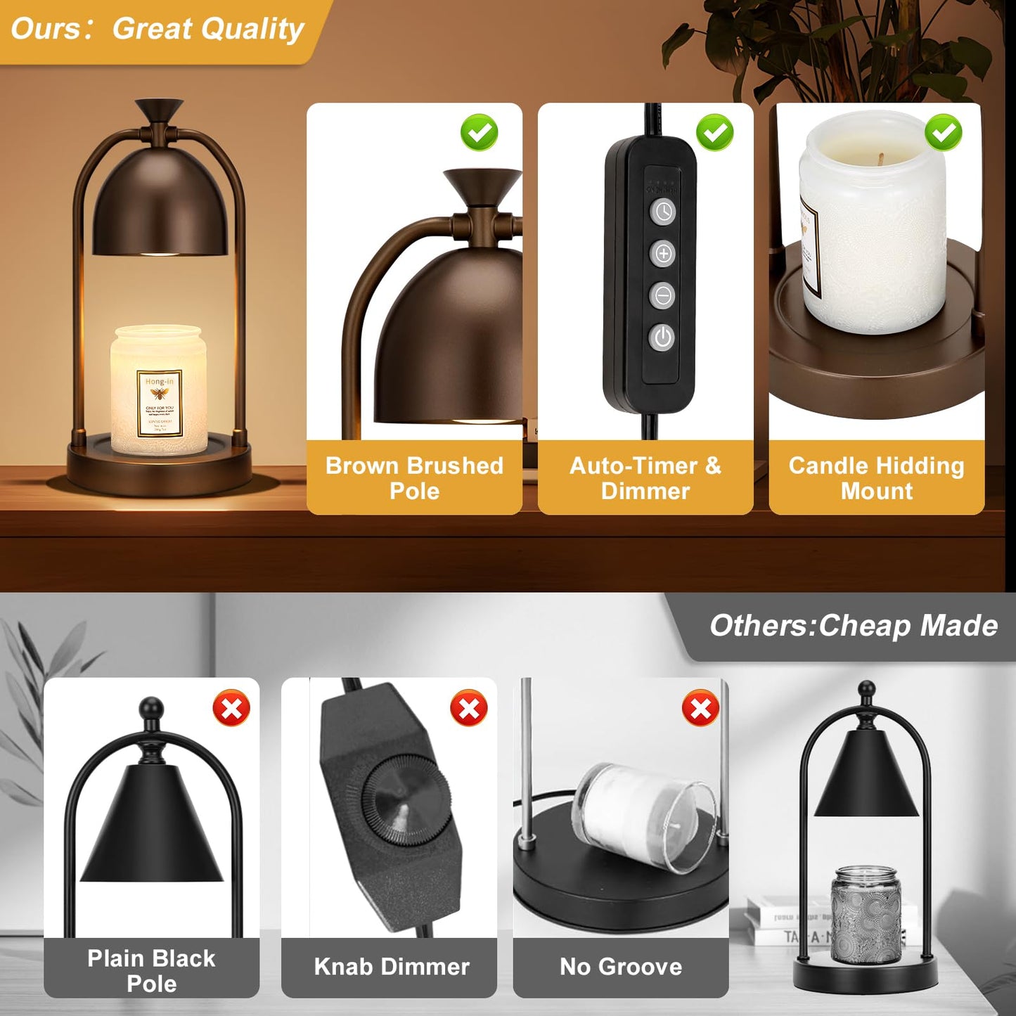 Brown Candle Warmer Lamp with Timer-Electric Candle Light for Bedroom Decor, Aromatherapy at Home | Gifts for Men | Home Gift Ideas