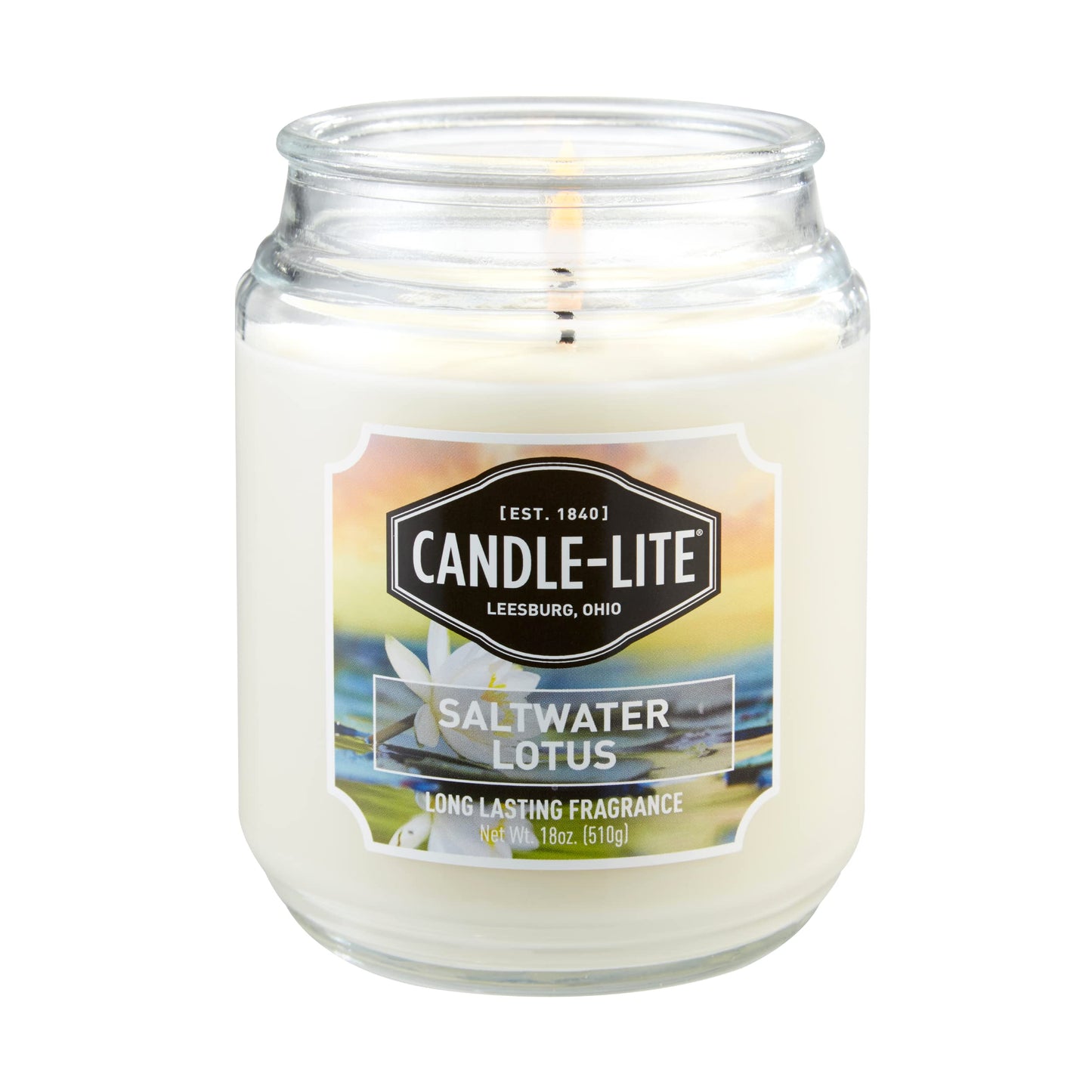 Candle-lite Scented Candles, Saltwater Lotus Fragrance, One 18 oz. Single-Wick Aromatherapy Candle with 110 Hours of Burn Time, White Color