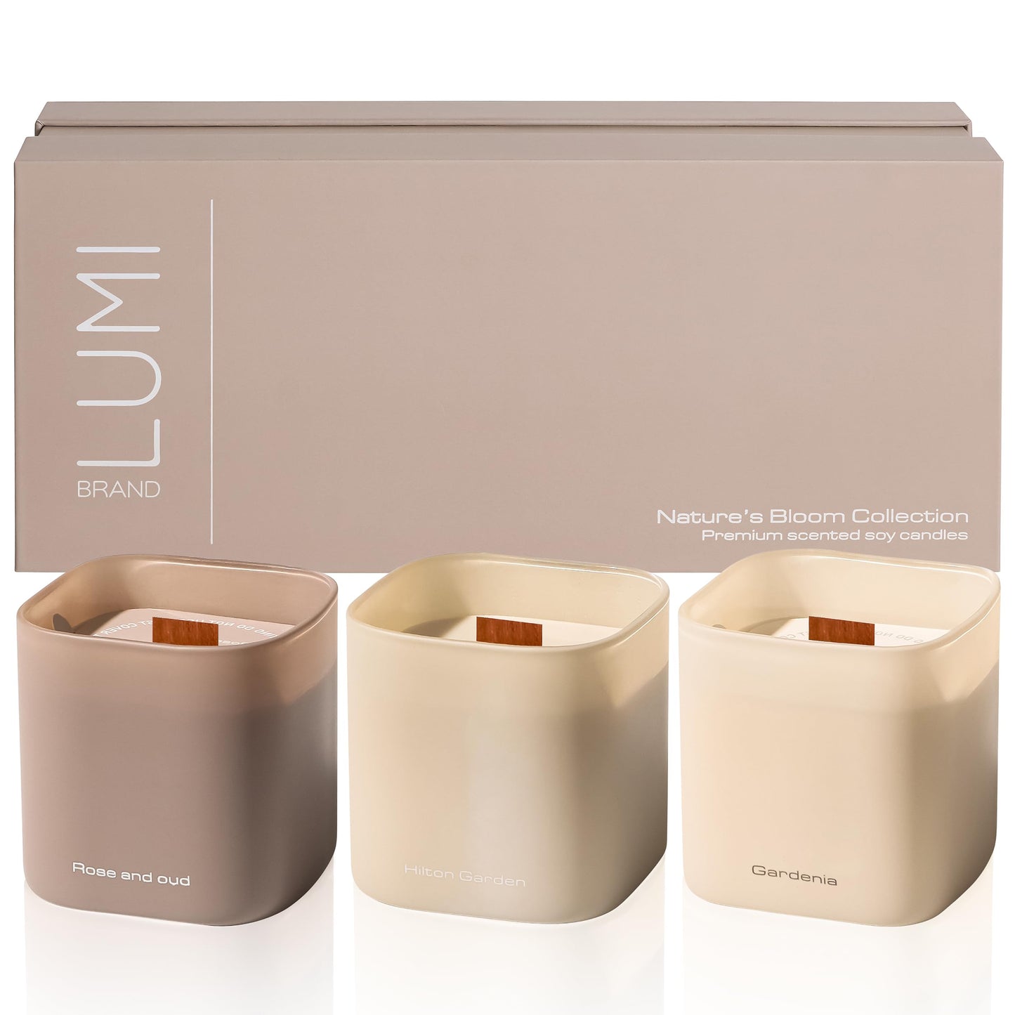 Set of 3 Scented Soy Candles Gift Set | Nature's Bloom Collection | 3 Scented Candles - Gardenia, Hilton Garden, and Rose & Oud | Crackling Wood Wick | Clean Burn | 50+HR Burn Time, 9.8oz Each