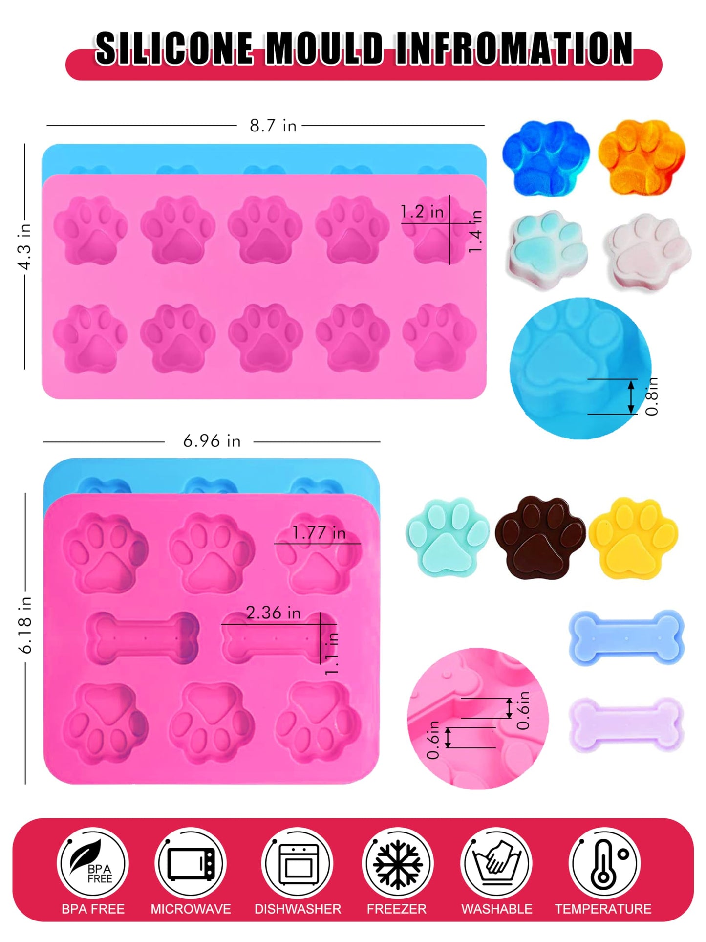 RUGVOMWM Homemade Silicone Dog Treat Molds - Dog Treat Cookie Cutters - Dog Treat Recipes Card, Food Grade Silicone Molds for Candy and Dog Ice Cubs - Set of 15