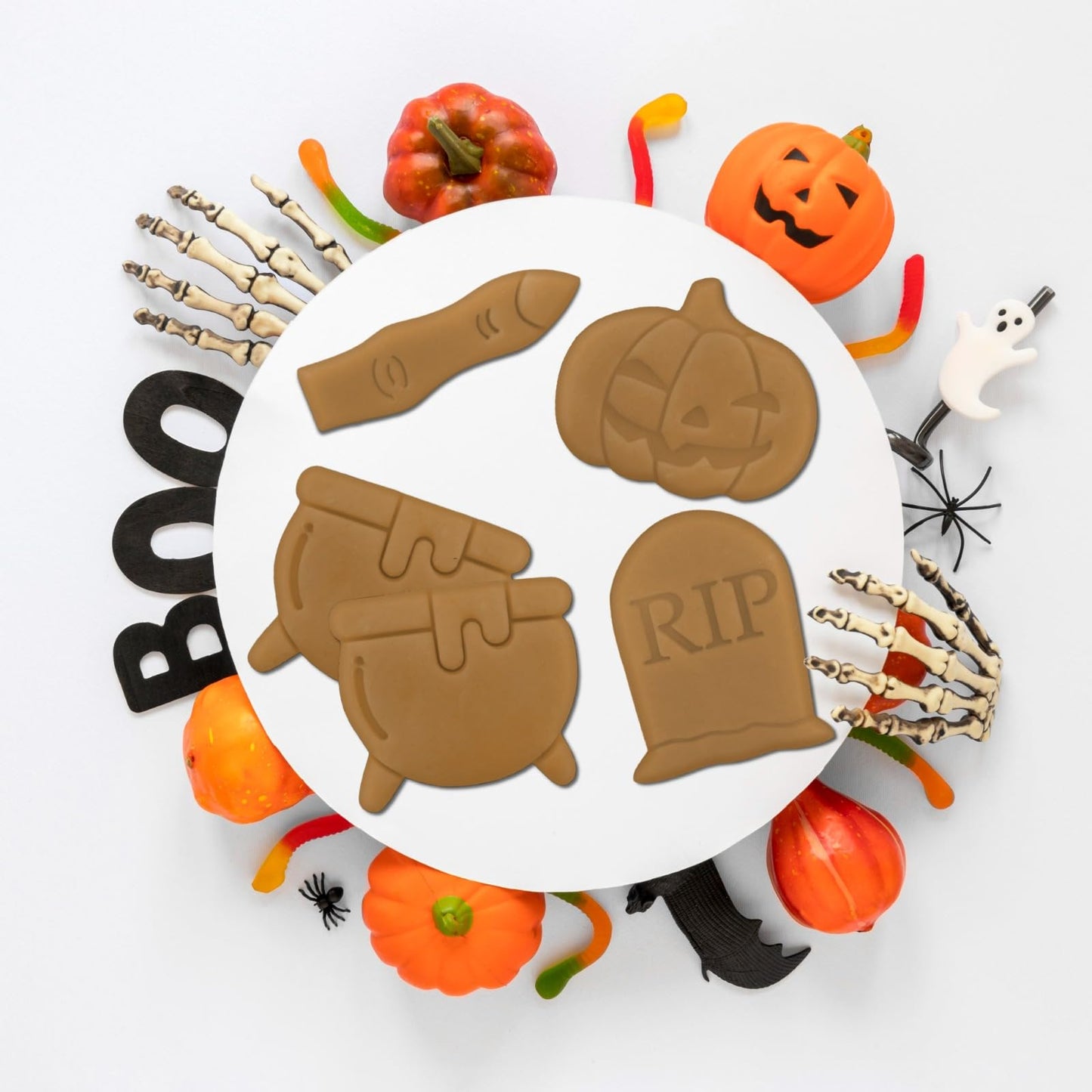 Moose Goods Set of 10 Halloween Cookie Cutters - Cat, Spider, & Pumpkin Cookie Cutters & Stamp - Web, Skull, & Ghost Cookie Cutters for DIY Baking Supplies, Food-Grade Cookie Cutters & Shapes for Kids