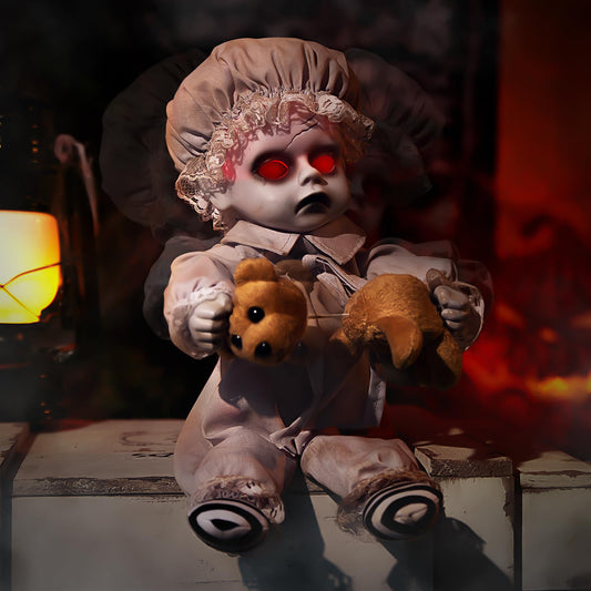 NEYEABL 10" Spirit Animatronic Ghost Boy Doll Halloween Decorations.-Sound Activated,Creepy Sound & Head & Hand Movements,Red Eyes Lit, Haunted House Holiday Props, Halloween Spooky Animations