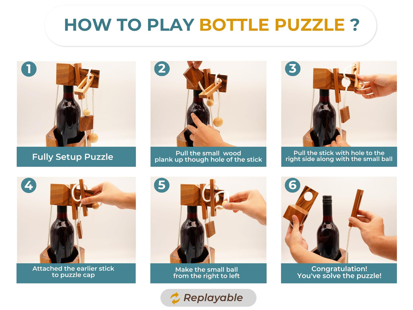 BSIRI Bottle Puzzle - Challenging 3D Wooden Bottle Holder and Bottle Lock Puzzle Games for Adults. Functional Bottle Storage, Ideal Bottle Lover Gifts, Fun Gifts, Game Night and Rustic Room Decor