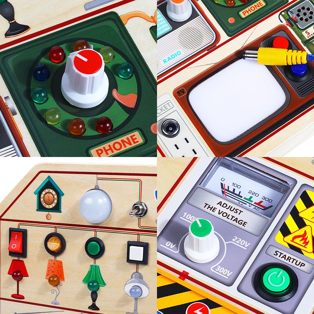 JAUNTY Montessori Wooden Busy Board for Toddlers 3 4 5 Years Old, Wooden Sensory Toddler Toys with LED Light Switches, TV Radio Telegram and Car Driving, Travel Toys Birthday for Boys Girls