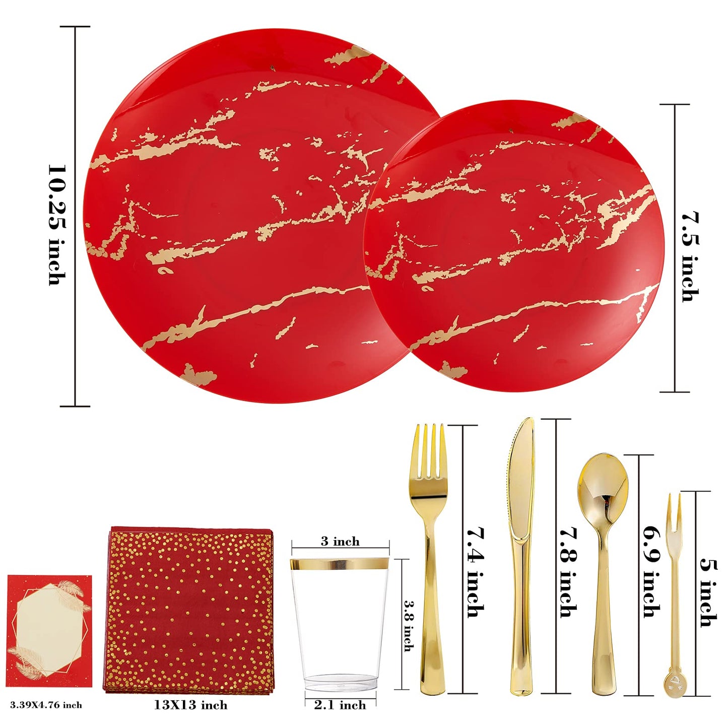 N9R 225PCS Red Gold Plastic Dinnerware Set - Disposable for Mother’s Day, Includes 25 Dinner Plates, 25 Dessert Plates, 25 Forks, 25 Spoons, 25 Knives, 25 Gold Cups, 25 Napkins & Table Cards