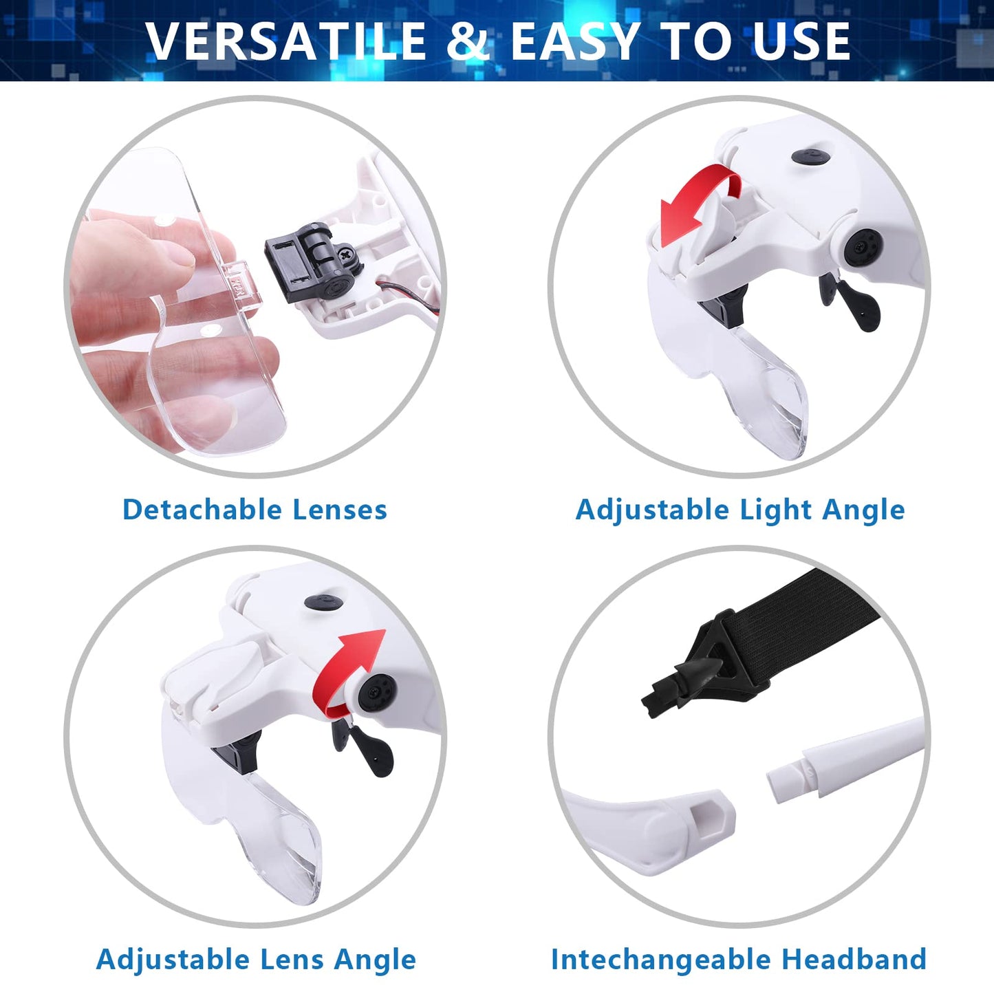 Hands Free Headband Magnifying Glass, USB Charging Head Magnifier with LED Light Jewelry Craft Watch Hobby 5 Lenses 1.0X 1.5X 2.0X 2.5X 3.5X (Upgraded Version)