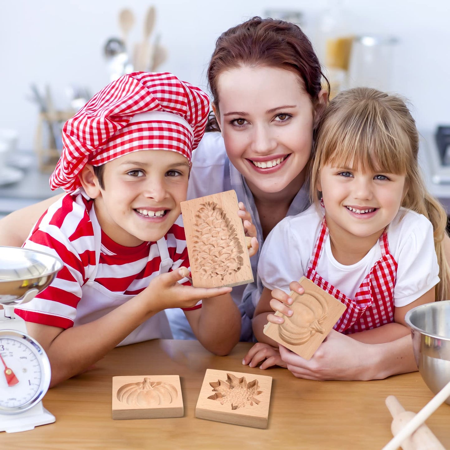 eBoot 4 Pcs Thanksgiving Cookie Molds Carved Wooden Cookie Press Embossing Cookie Cutter Funny 3D for Kitchen Baking DIY, 4 Styles