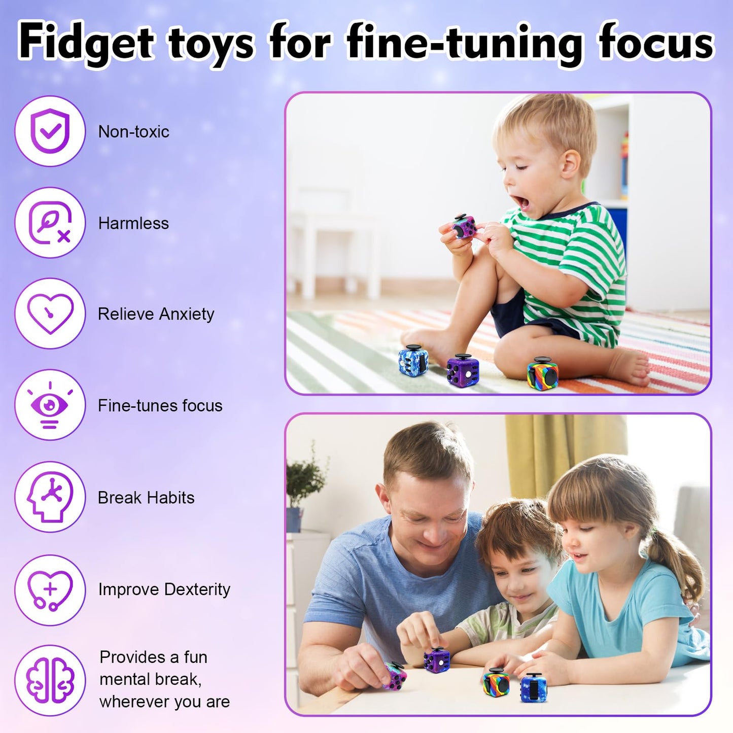 Lollyx Fidget Toy Cube, 4 Pack Cube Fidget Anxiety Relief Toys for Kids and Adults, 6 Sided Fidget Toys Cube Hand-Held for Adults, Audible/Silent Cube Toys Fidget for ADD/ADHD/OCD