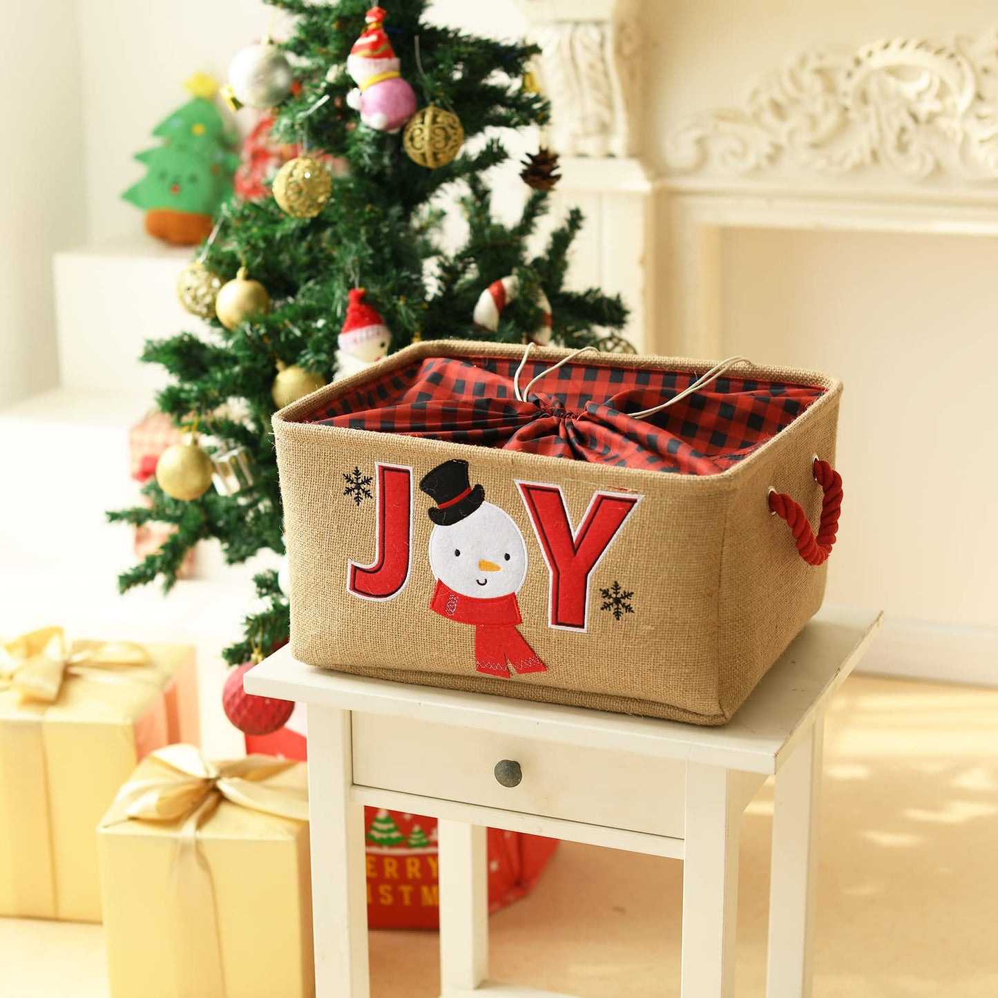 INough Gift Basket Empty Large Christmas Basket Christmas Empty Christmas Gift Baskets with Handles Collapsible Christmas Storage, Holiday Gift for Kidsroom Nursery Play Room (Large, Joy)