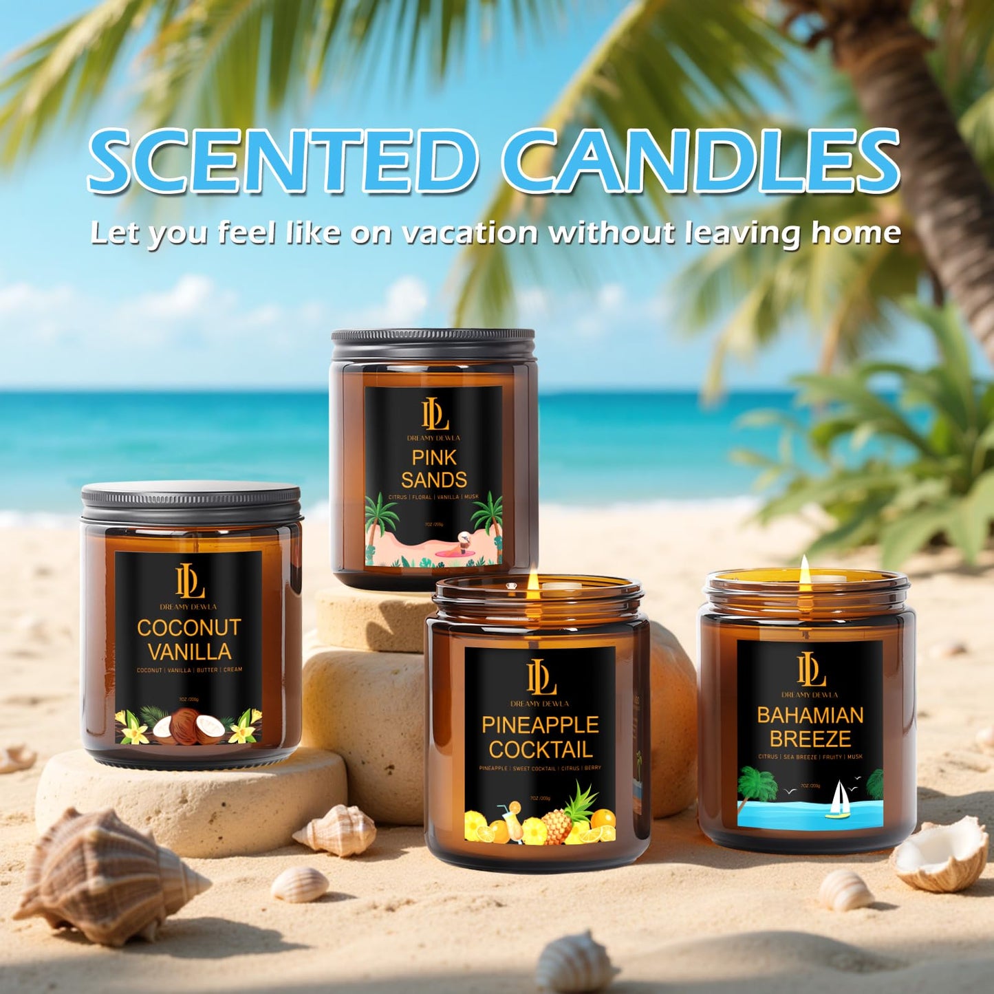 Scented Candles for Home, 4 Pack 28oz Soy Candle for Home Scented, Aromatherapy Candle Gift Set for Women Men, Summer Scents of Pink Sands/Coconut Vanilla/Pineapple Cocktail/Bahama Breeze