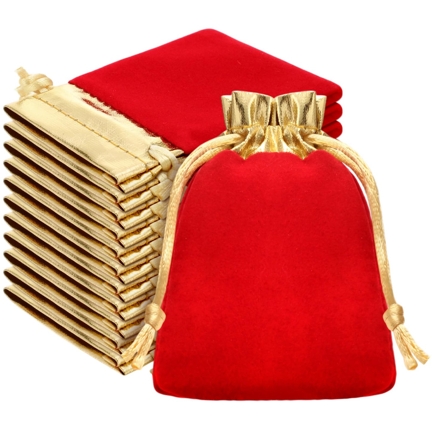 Sweetude 100 Pieces Velvet Drawstring Bags Jewelry Pouches for Christmas 2.76 x 3.54 Inches Wedding Mini Gift Bags for Christmas, Party Favors (Gold Opening Red)
