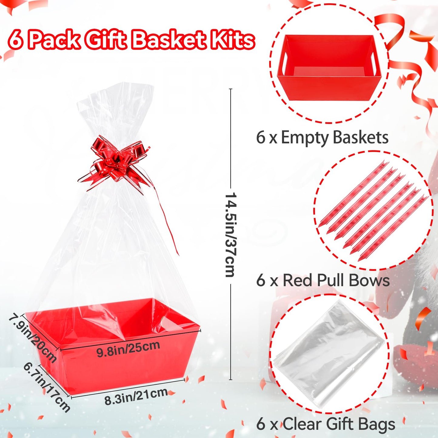 MADHOLLY 6Set Baskets for Gifts Empty- Sturdy Kraft Gift Basket Kit with Cellophane Wrap and Pull Bows for Valentine's Day Anniversary Wedding Holiday Gift Celebration Wrapping, Red
