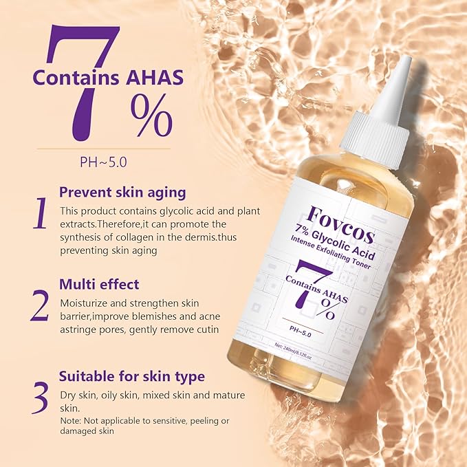 7% Glycolic Acid Exfoliating Toner, Exfoliating Skin Care Facial Toner, Improves Texture, Reduces Breakouts Pores and Fine Lines, Suitable for All Skin Types