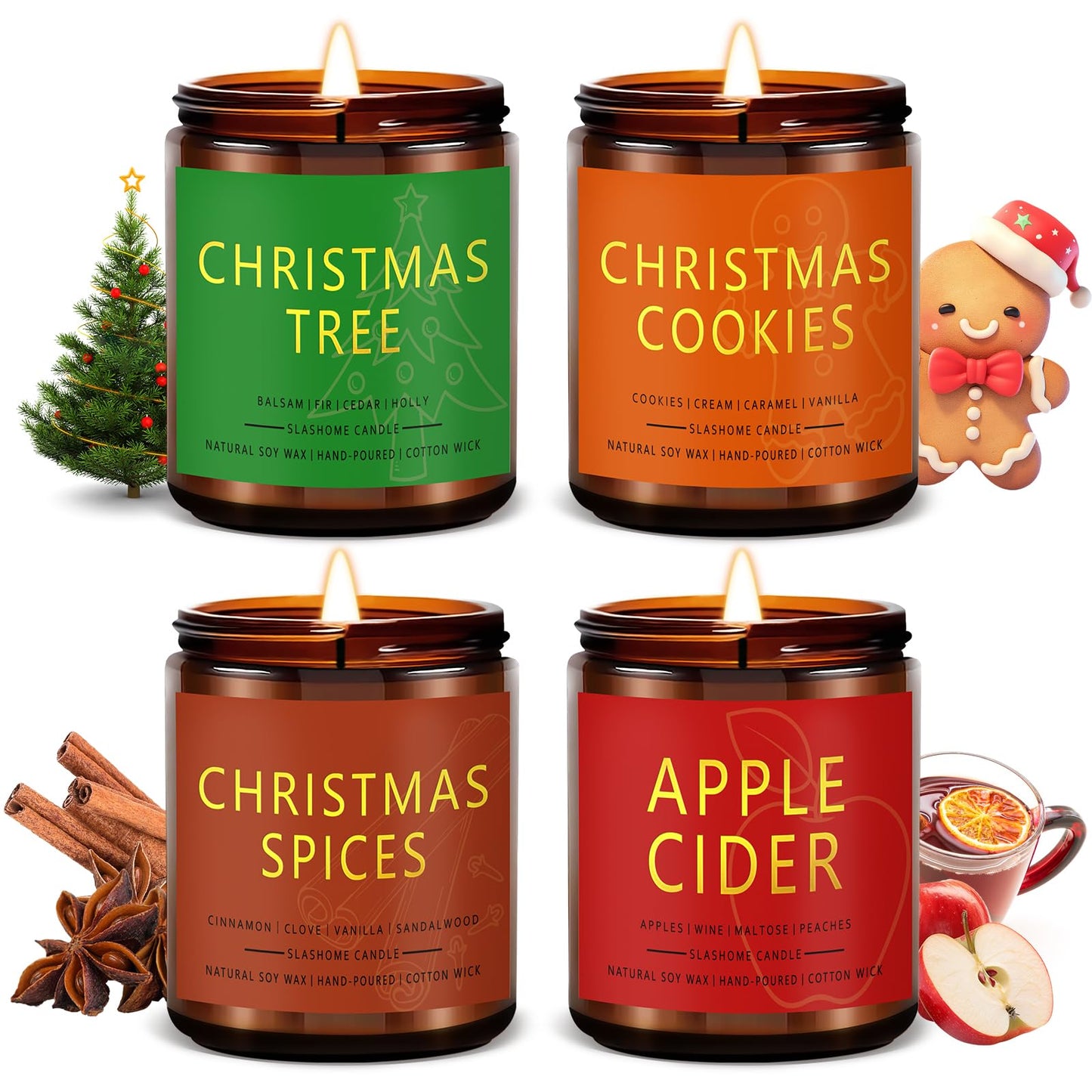 Christmas Candle Set | 4 Pack Scented Candles for Home | Holiday Gifts for Women & Men | Soy Candles with Scents of Christmas Tree, Cookies, Spices & Apple Cider