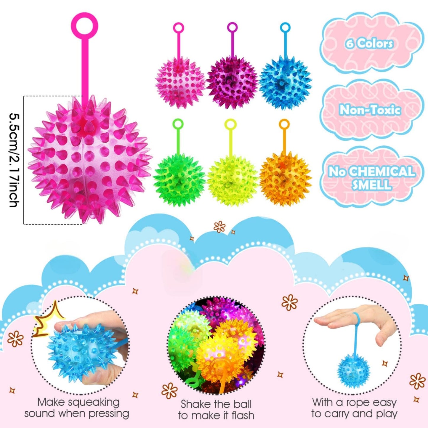 Sotiff 100 Pcs Light up Ball Spiky LED Bouncy Ball Flashing Squeaky Multicolor Puffer Toy Rubber Sensory Toy Carnival Prizes Bulk Party Favors for Teens, Adults, Children