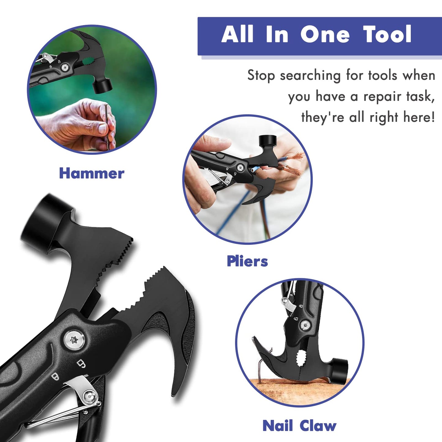 Father's Day Gifts for Men from Daughter Son Wife, Hammer Multitool Cool Gadgets Multi Tool with Gift Box Carrying Case Birthday Stocking Stuffers for Husband Him(Black)