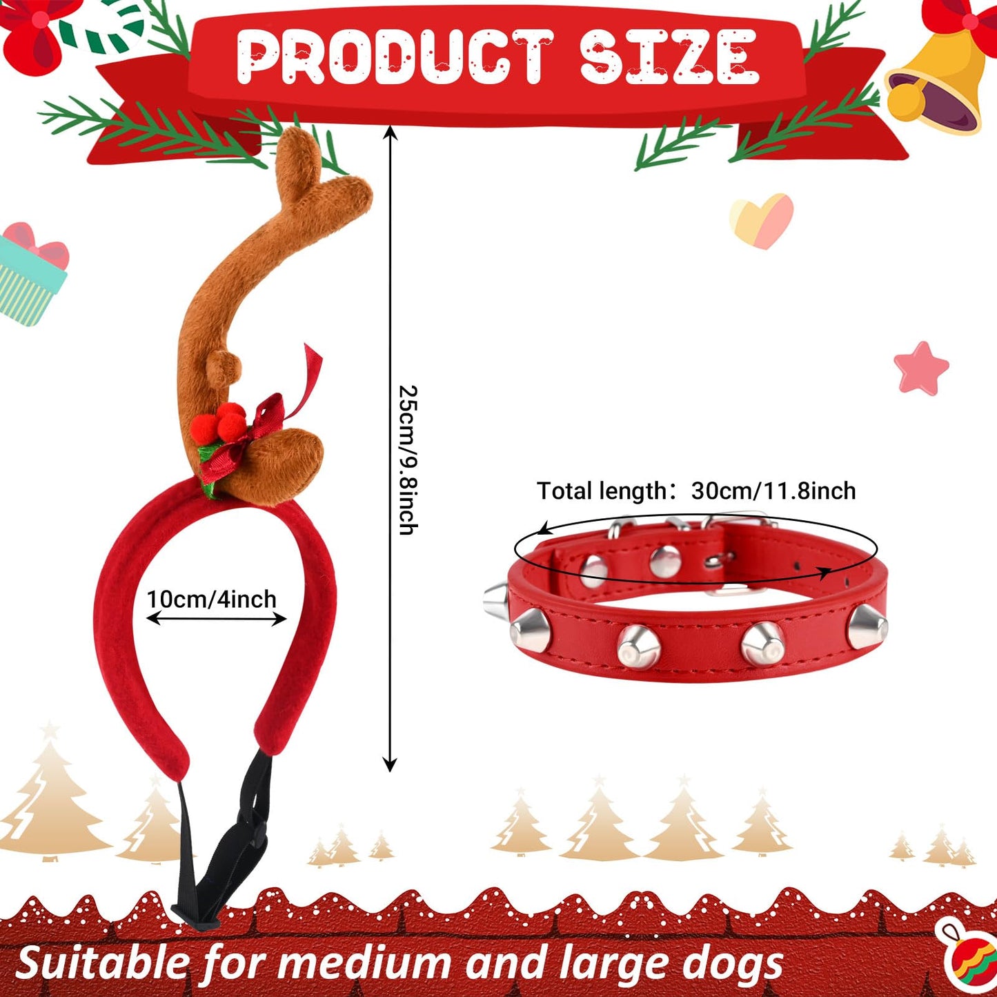 Kavoc Christmas Reindeer Antler Headband with Dog Ears Ajustable Elastic Band Dog CostumeDog Antlers Costume for Medium Dogs Pets Xmas Party Decor