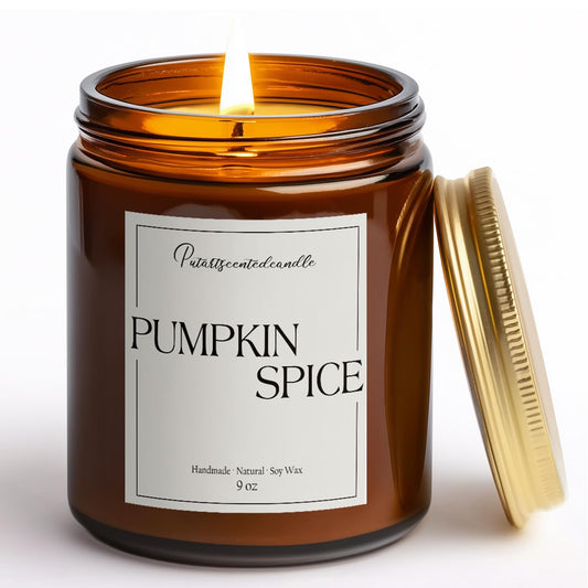 Putart Pumpkin Spice Scented Candles for Home, Natural Soy Wax Aromatherapy Non Toxic Pumpkin Fall Candle Gifts for Women Men, Autumn Amber Glass Jar Candle Decoration for Halloween Holidays (9oz