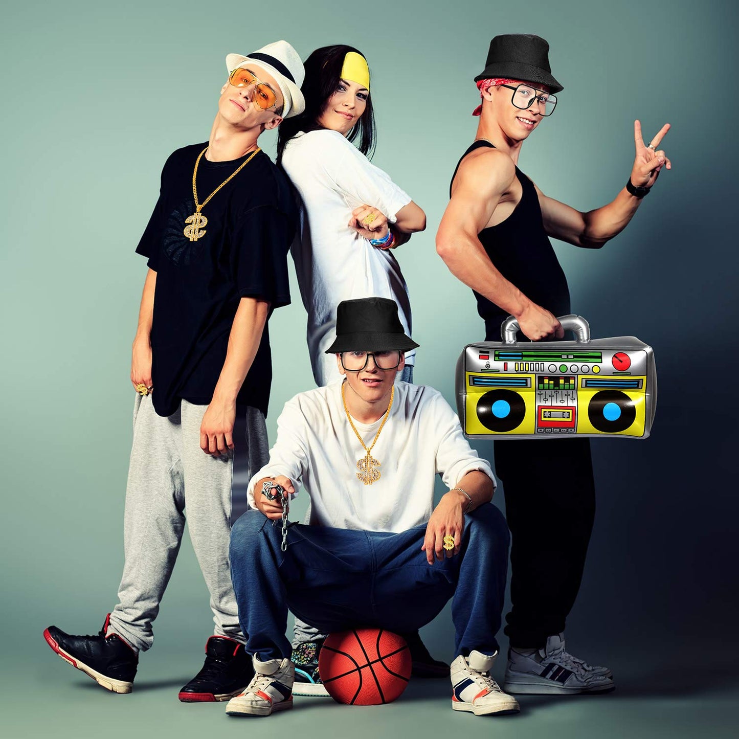 Sumind 6 Pcs 80s 90s Hip Hop Costume Outfit Kit Inflatable Radio Boombox Necklace Ring Sunglasses Hat Rapper Accessories(Black)
