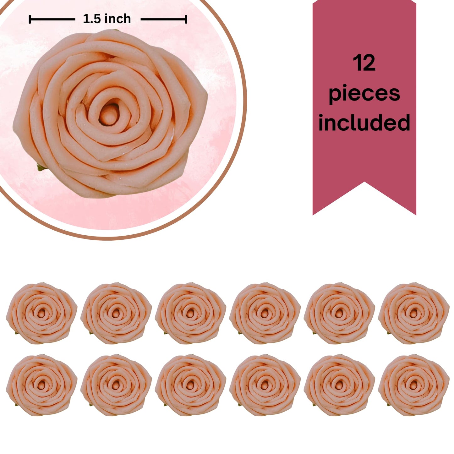 Confect Edible Rose Topper | Pretty Peach Pearl Edible Rose Toppers for Cakes, Cupcakes & Doughnuts | Perfect for Cake Decorations & Cupcake - Vegan, Dairy-Free, Palm Oil-Free - Pack of 12
