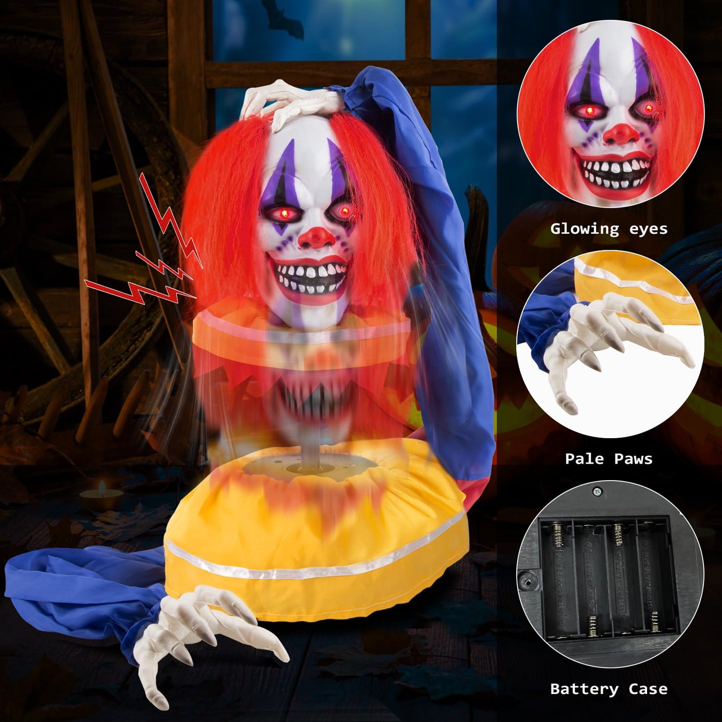 Halloween Animatronics Decorations - Scary Clown with Sound Activated, Creepy Sound, Light Up Eyes, Scary Motion for Halloween Indoor/Outdoor Yard Lawn Decoration, Haunted House Props