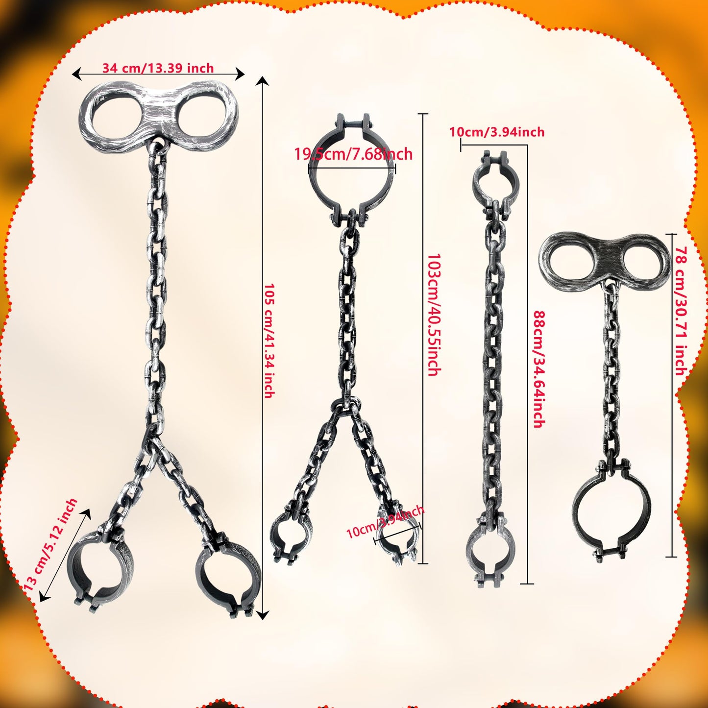 Sonarun 4 Pcs Halloween Chains Props Realistic Plastic Chains Link Prison Fake Wrist Shackles Feet Shackles Neck Shackles Chain Toys Prank Props for Halloween Costume Party Haunted Dress Up