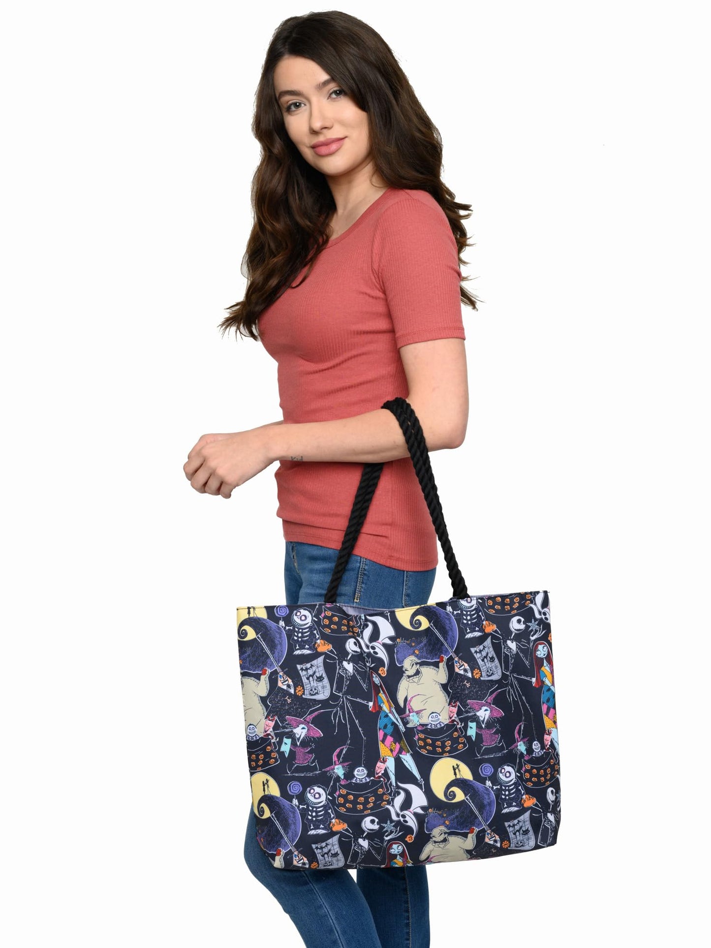 Disney Nightmare Before Christmas Tote, Jack Skellington Sally Zero Print, Large Water-Resistant Canvas Bag, Halloween Town Accessory, Work, Travel Carry-All for Women