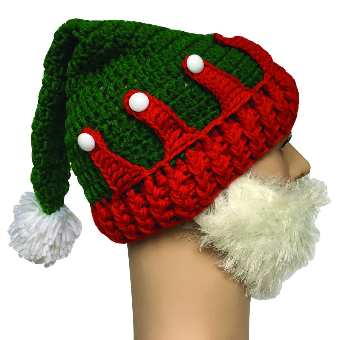 Kafeimali Unisex Christmas Winter Knitted Crochet Beanie Santa Hat with Beard Foldaway Bearded Caps (Red)