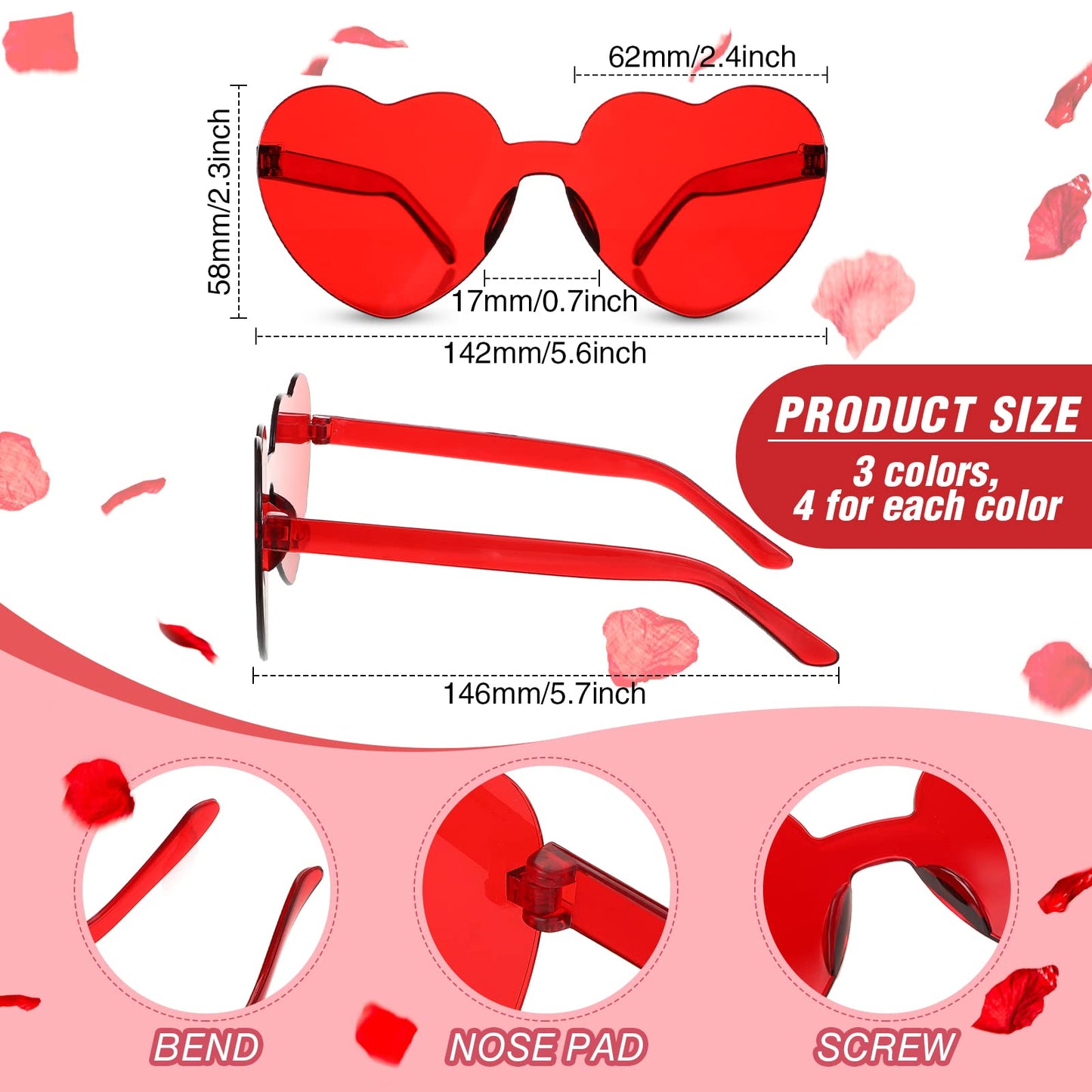 Flutesan 24 Pcs Valentine's Heart Sunglasses and Heart Sequin Headbands Rimless Heart Valentine Glasses, Cupid Love Headband Heart Shaped Glasses Candy Color Eyewear Hair Hoop for Valentine Party