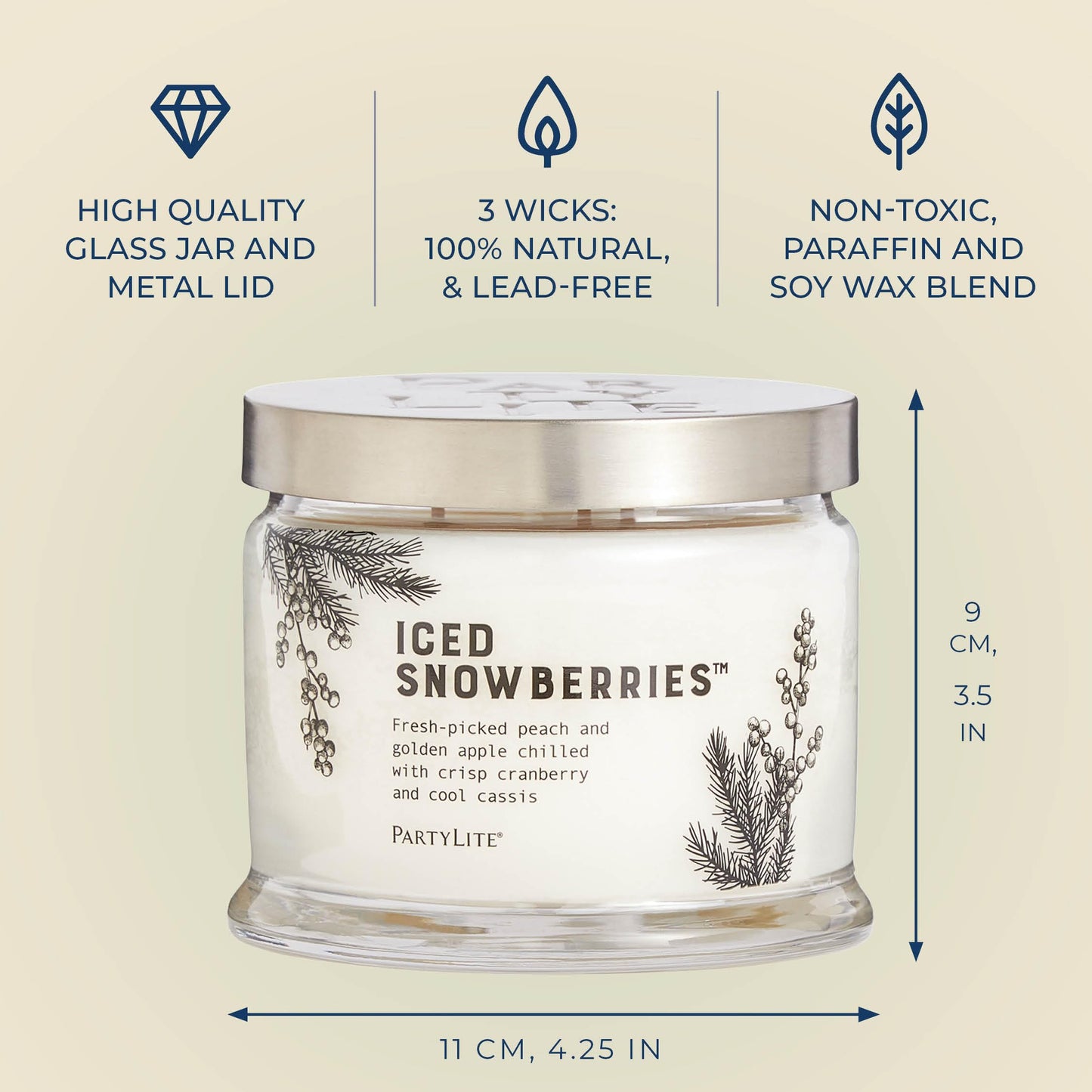 PartyLite Iced Snowberries Scented, Notes of Apple, Cassis, Cranberry, Peach, Strawberry, Berry, Vanilla & Musk,13.2oz 3-Wick Jar Candle, 45 Hour Burn Time, Luxurious Fragrance, Perfect for Gifting