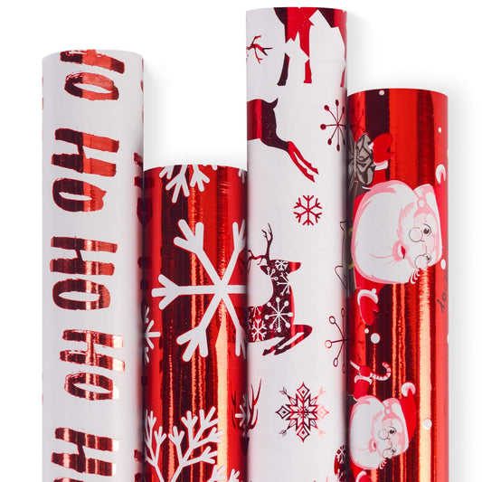 RUSPEPA Christmas Wrapping paper-Red and White Paper with a metallic foil shine-Christmas Elements Collection-4 Roll-30Inch X 10Feet Per Roll