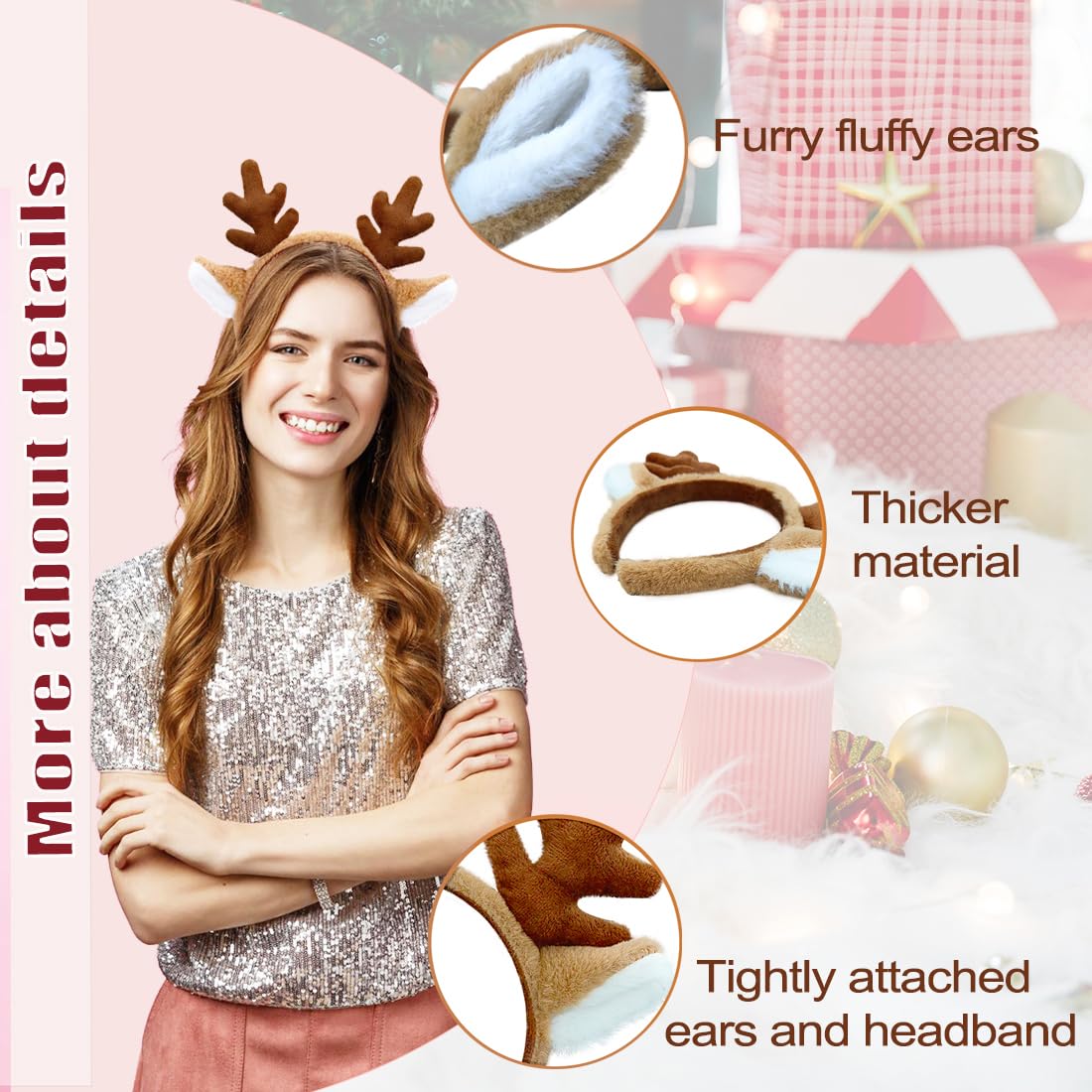 SIOTMERA 4 Pack Reindeer Antlers Headband Fluffy Animal Deer Ears Hairband Party Trips Cosplay Washing for Christmas Halloween