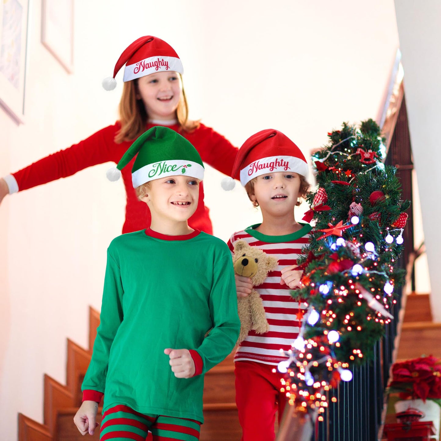 Shinymoon 24 Pieces Christmas Santa Hats Non Woven Fabric Naughty and Nice Santa Hats for Adult Men Women Kids Party Holiday (Red Color, Green Color)