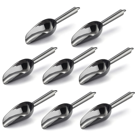 Mini Ice Scoop Set of 8, E-far 3 Ounce Platinum Black Stainless Steel Scoops for Candy/Flour/Sugar, Small Metal Scoops for Party/Canisters Jars/Kitchen Bar/Ice Maker, Rust Proof & Dishwasher Safe