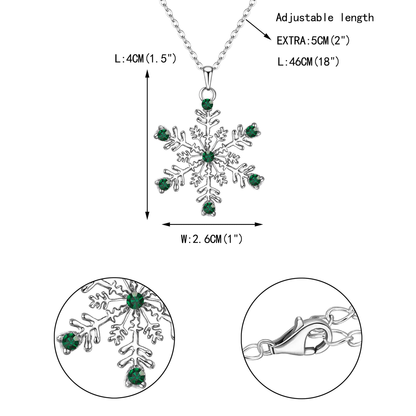EVER FAITH Austrian Crystal Snowflake Necklace Winter Prom Flower Pendant Adjustable Chain Necklaces Jewelry Gifts for Women Green Silver-Tone