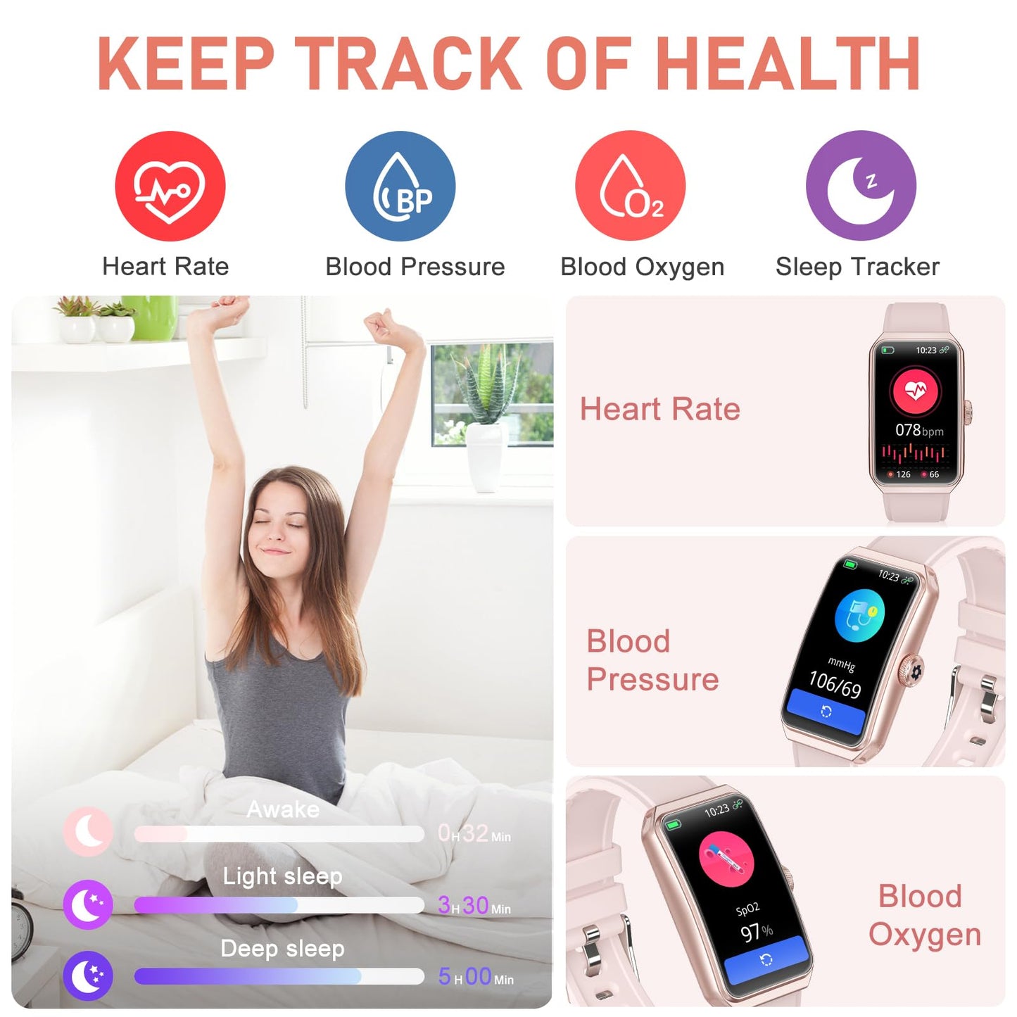 Moremore Fitness Tracker with 24/7 Heart Rate, Blood Pressure, Sleep Tracker, Calorie Tracking, Waterproof Fitness Watch, Activity Tracker with Step Tracker for Women Men, Pink