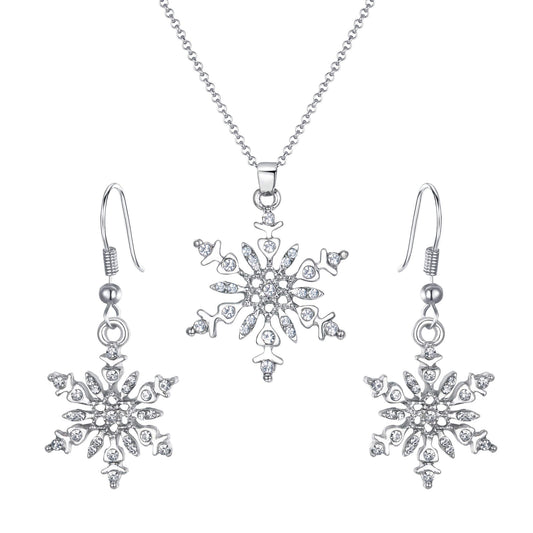 BriLove Women's Crystal Winter Daily Party Elegant Snowflake Pendant Necklace Hook Dangle Earrings Set for Gift Clear Silver-Tone