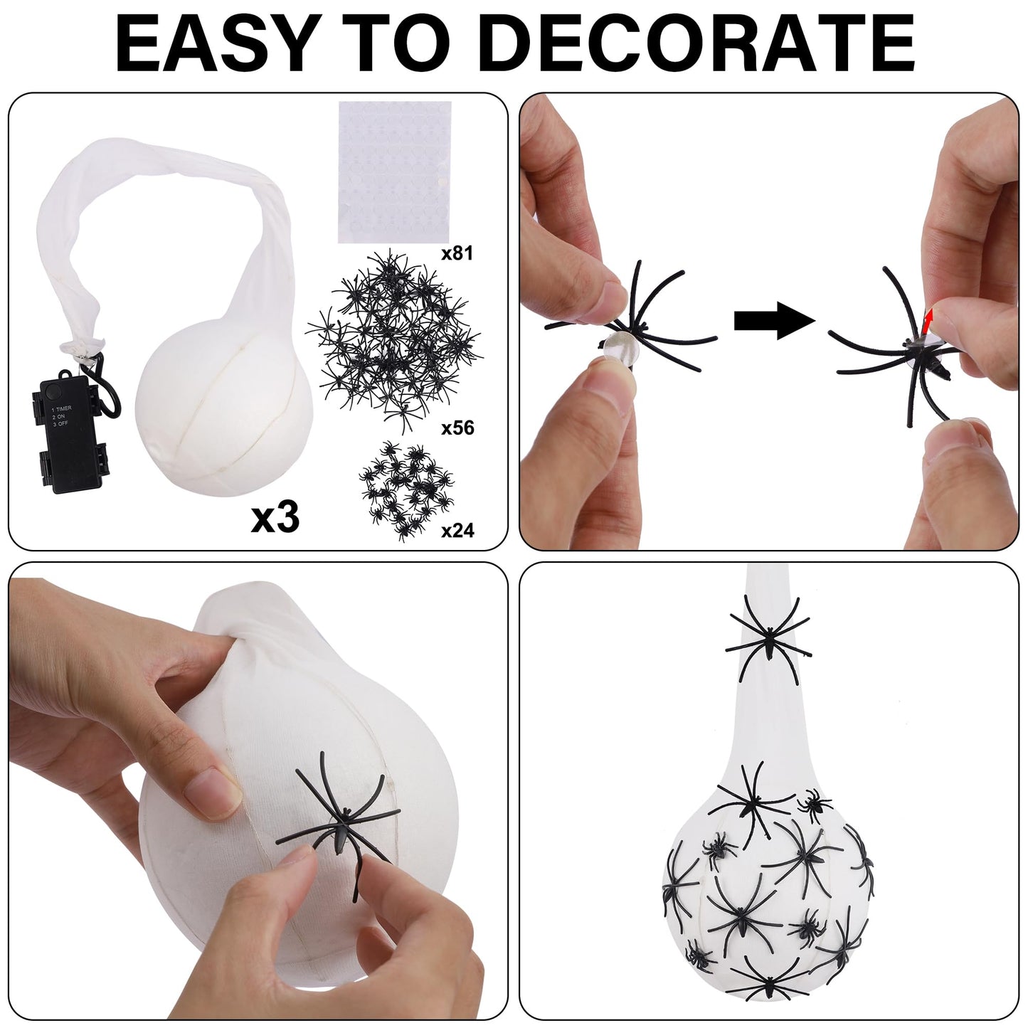 DR.DUDU 3 Pack Hanging Halloween Decorations Outdoor Giant Spider Egg 5"x28", Light Up Spider Webs with Purple LED Lights, Waterproof for Halloween Props Party Gifts, Yard Garden Tree House Décor