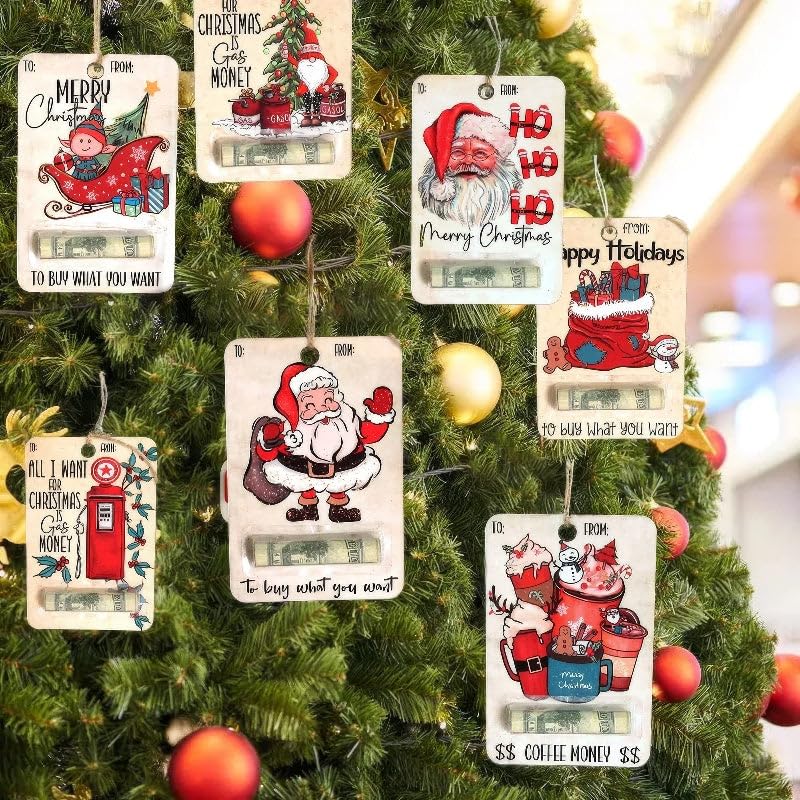 Handmade Wooden Money Clip Happy Santa Christmas Money Dispenser with Blessing (7 Style Mix)