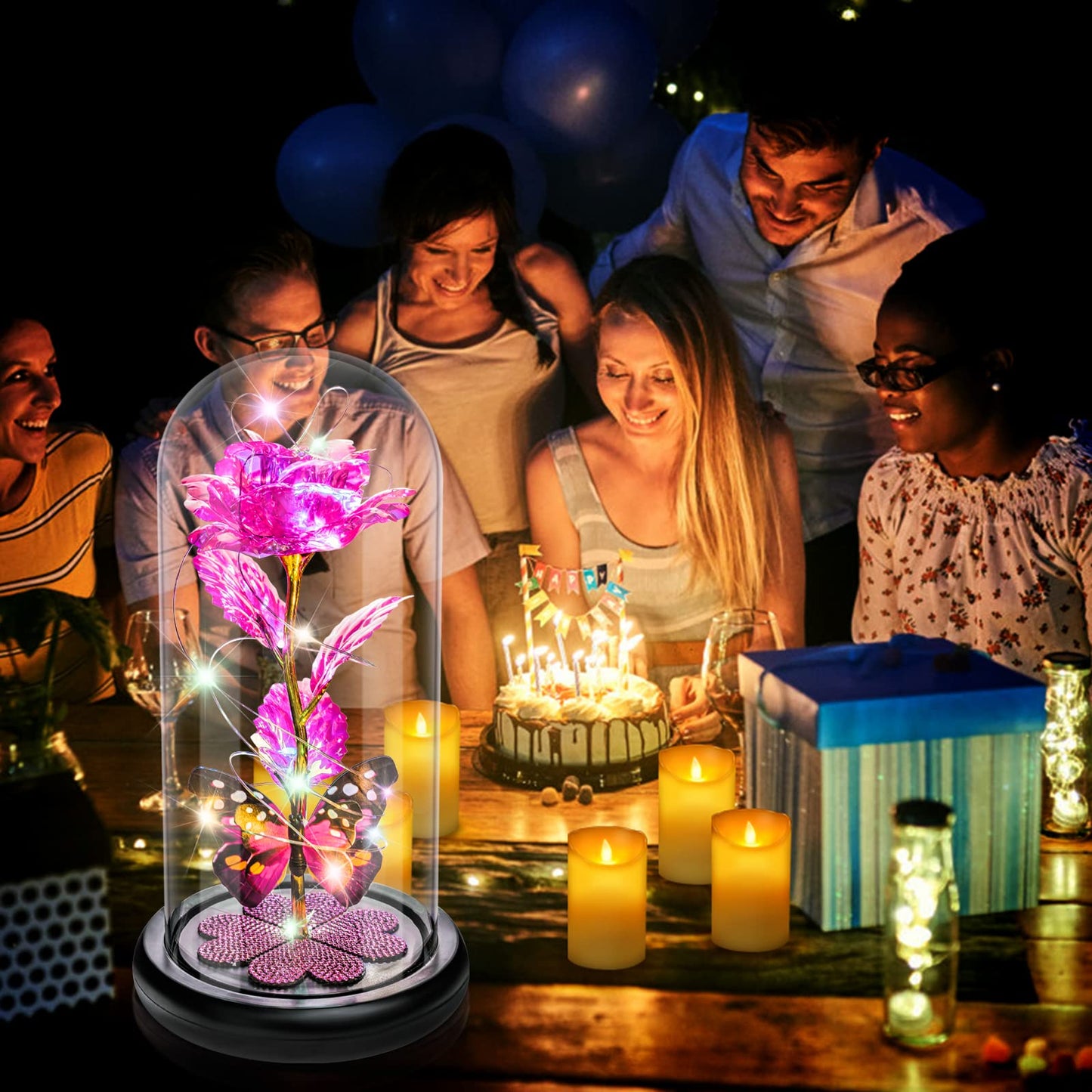 Birthday Gifts for Women Mom, Galaxy Glass Rose Forever Eternal Crystal Flower Light Up Rose in Glass Dome with Butterfly Mothers Day Christmas Rose Gifts for Her Wife Grandma Daughter Friends Pink